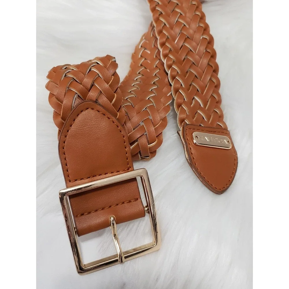 Vintage Nautica Braided Leather Belt tan brown brass buckle nautical old‎ money